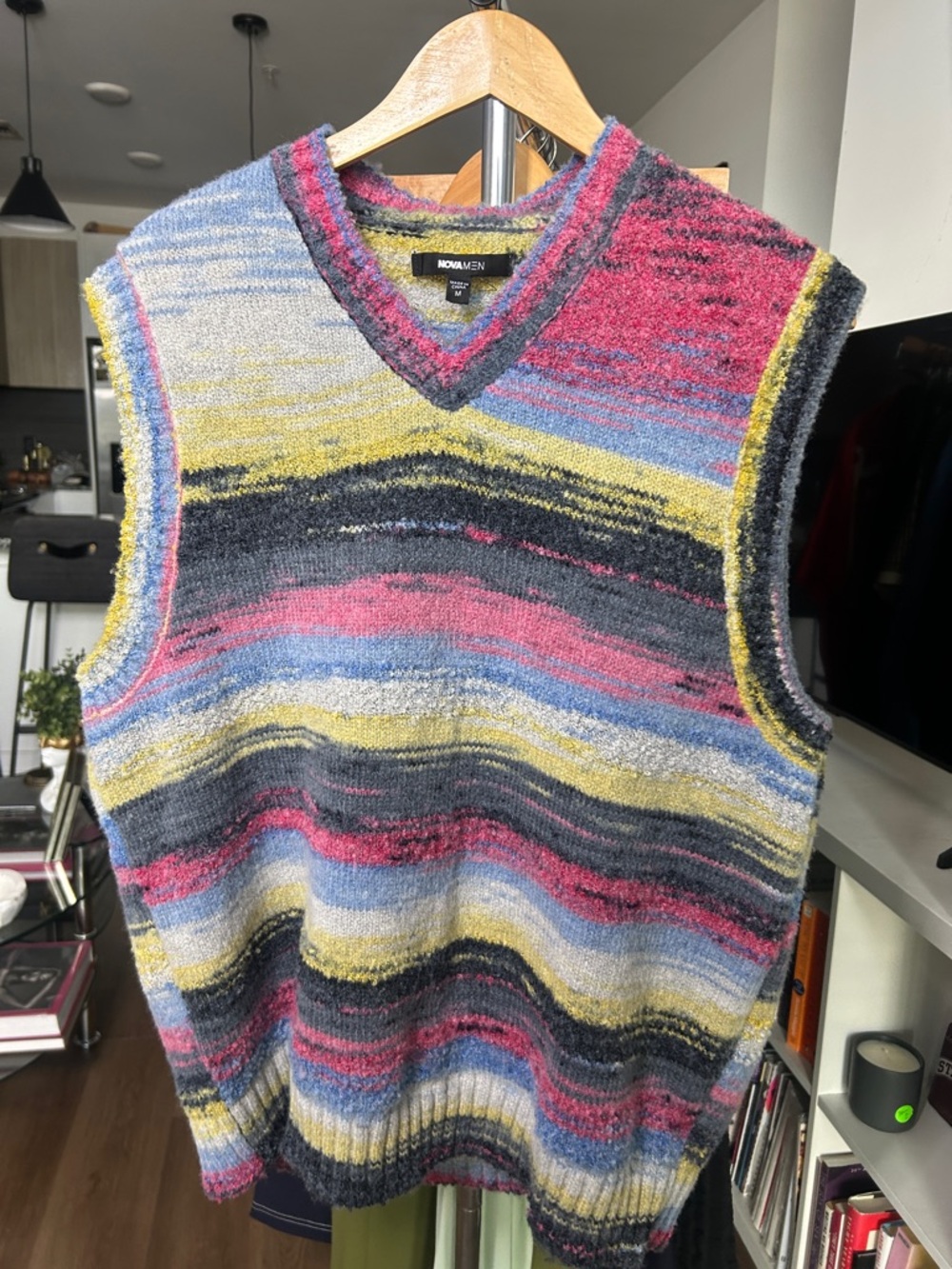 Fashion Nova Multicolor Striped V-Neck Sweater Vest - Blue, Pink, Yellow, Gray